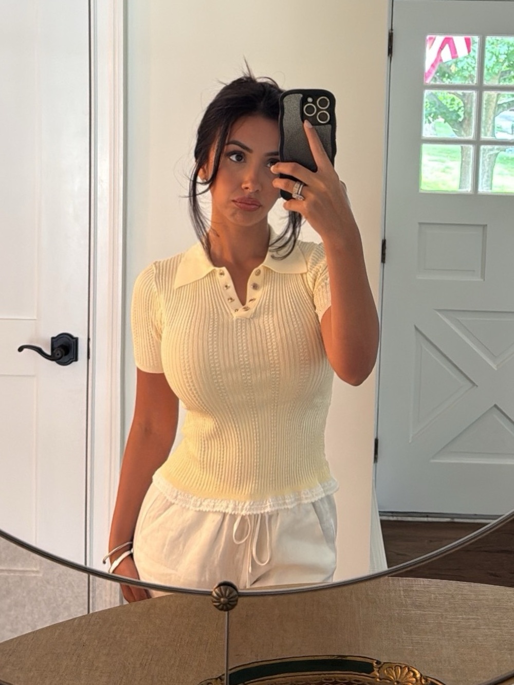 Sandro Cream
KNIT POLO SHIRT Ribbed Short Sleeve Top with Lace Hem